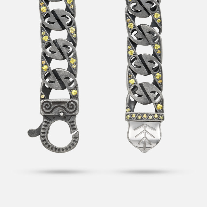 Detail of Molten Loop Wide Bracelet in Polished Silver, Oxidized Silver, Yellow Sapphire - Front