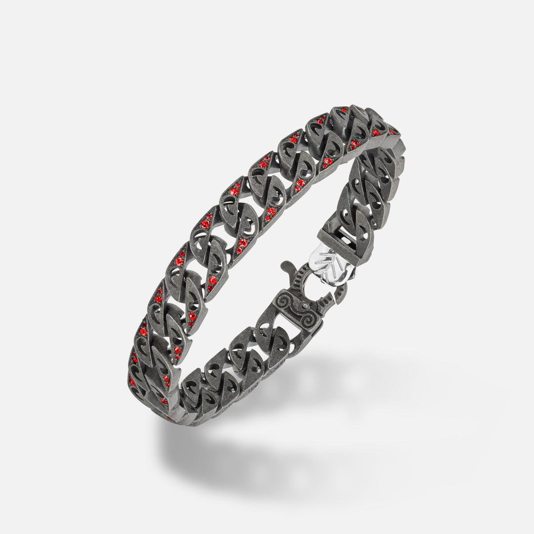 Front of Molten Loop Wide Bracelet in Polished Silver, Oxidized Silver, Red Sapphire - Top