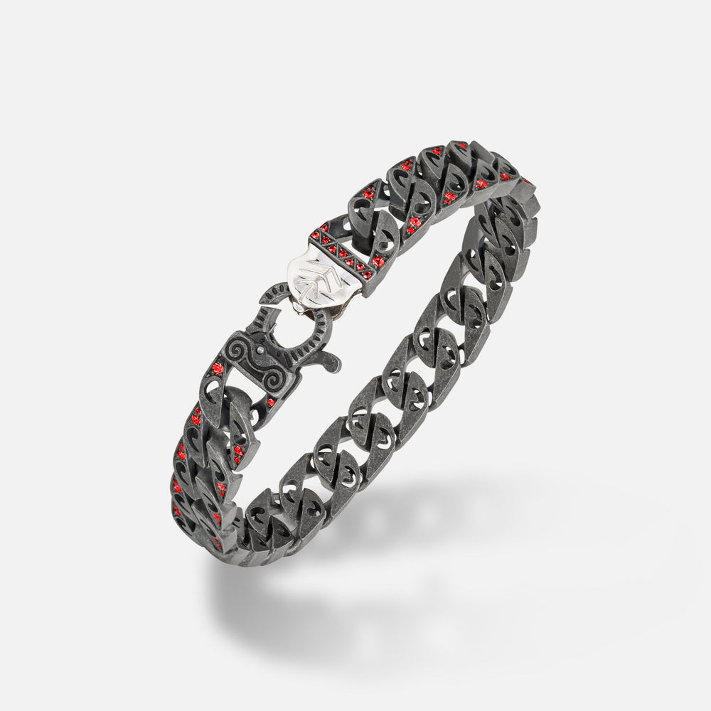 Front of Molten Loop Wide Bracelet in Polished Silver, Oxidized Silver, Red Sapphire - Bottom