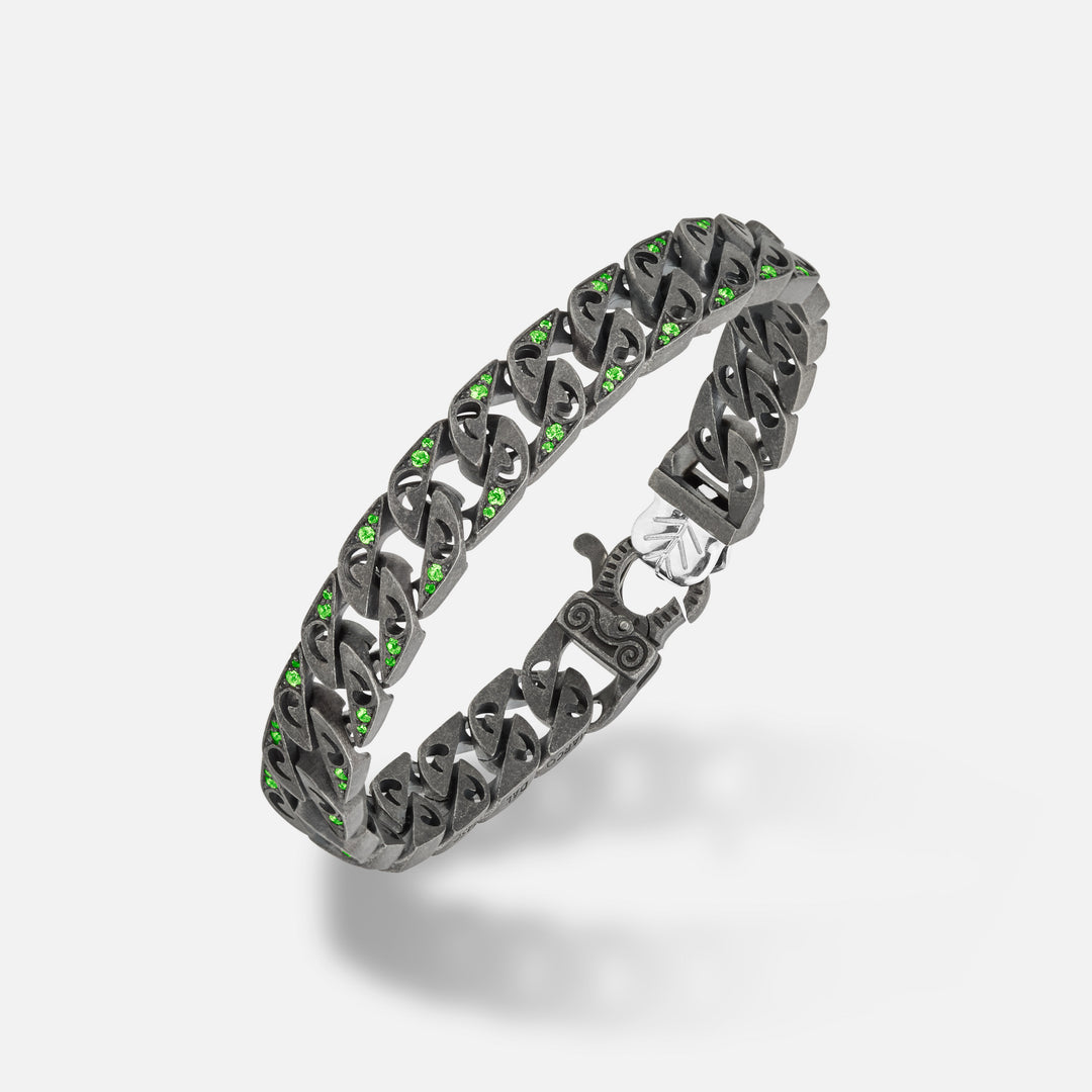 Front of Molten Loop Wide Bracelet in Polished Silver, Oxidized Silver, Tsavorite - Top