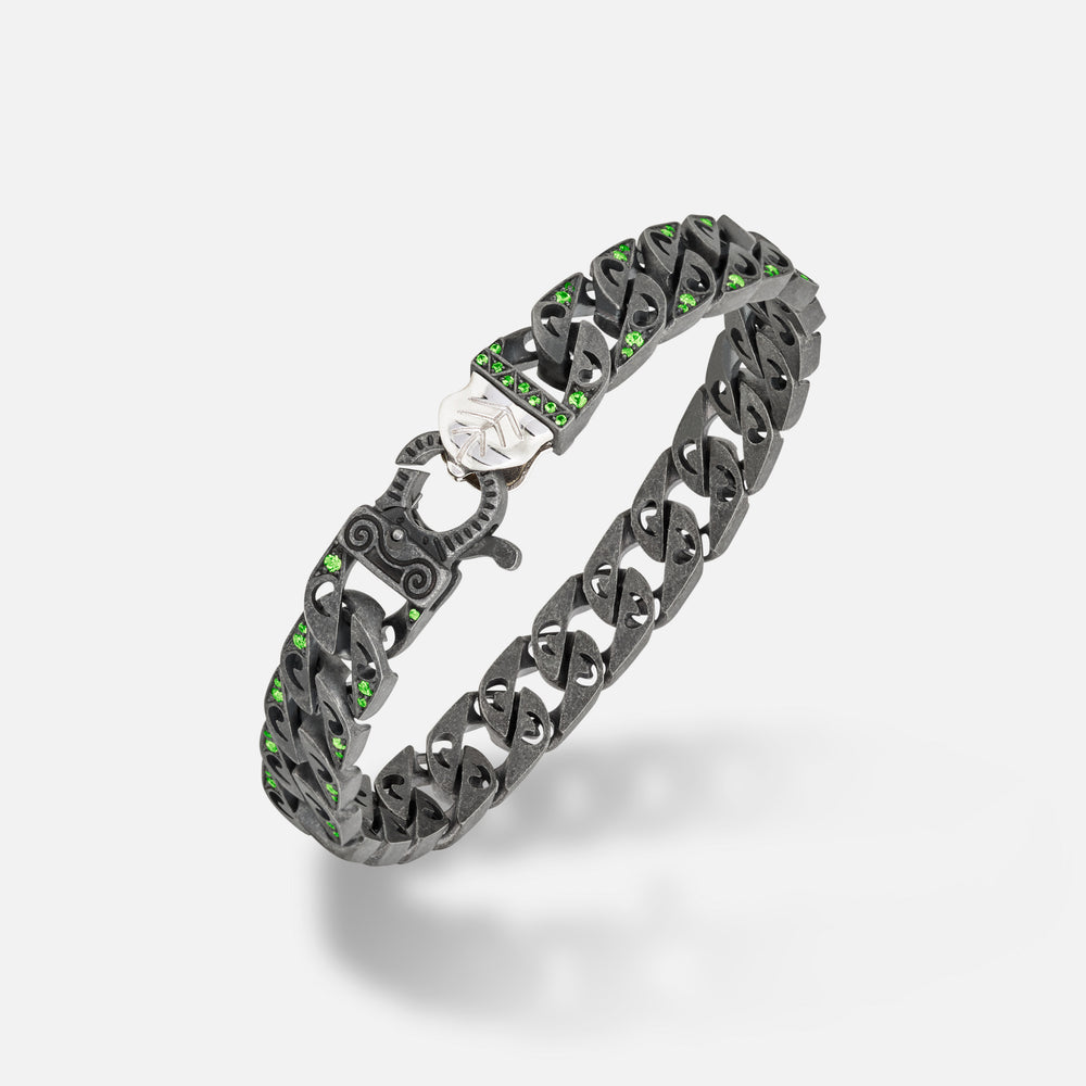 Front of Molten Loop Wide Bracelet in Polished Silver, Oxidized Silver, Tsavorite - Bottom