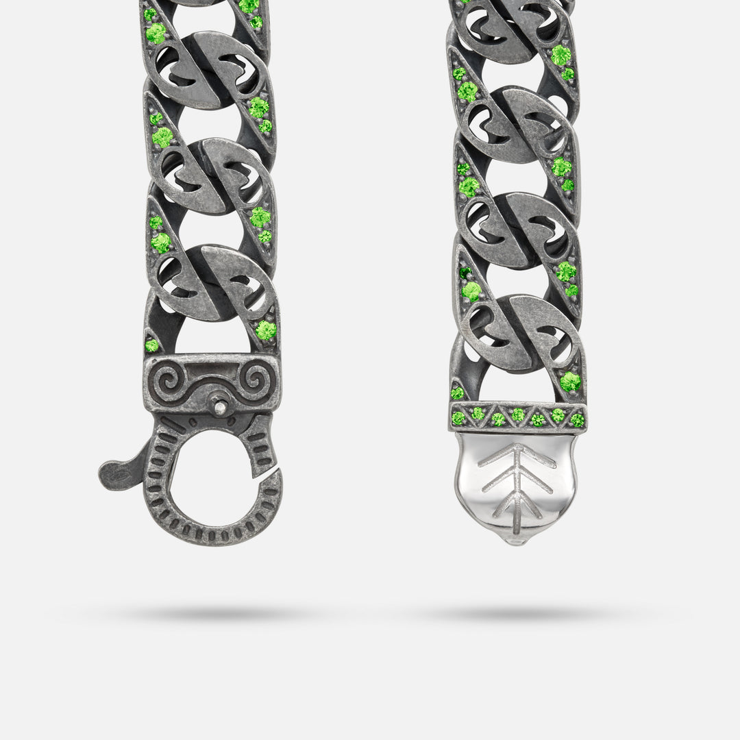 Detail of Molten Loop Wide Bracelet in Polished Silver, Oxidized Silver, Tsavorite - Front
