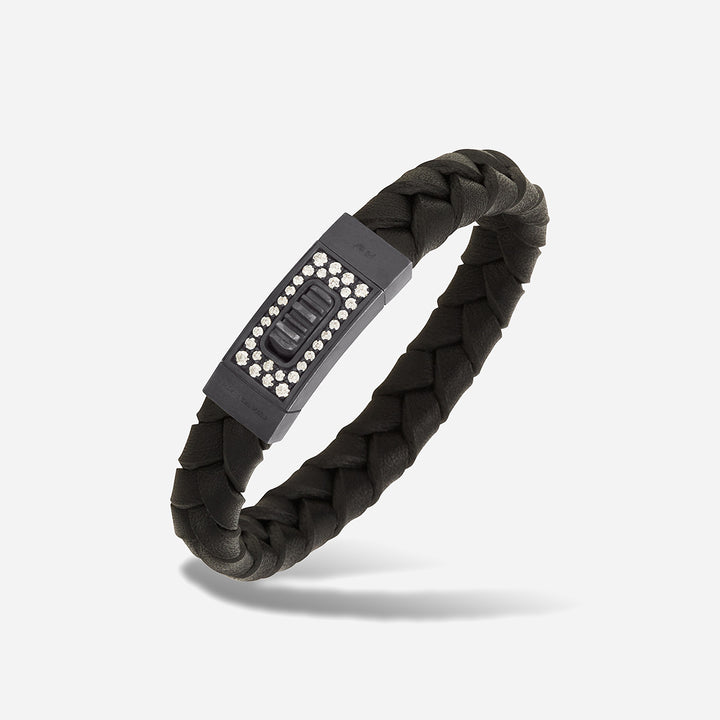 Gladiator oxidized silver bracelet with lab-grown white diamonds and black leather - Marco Dal Maso