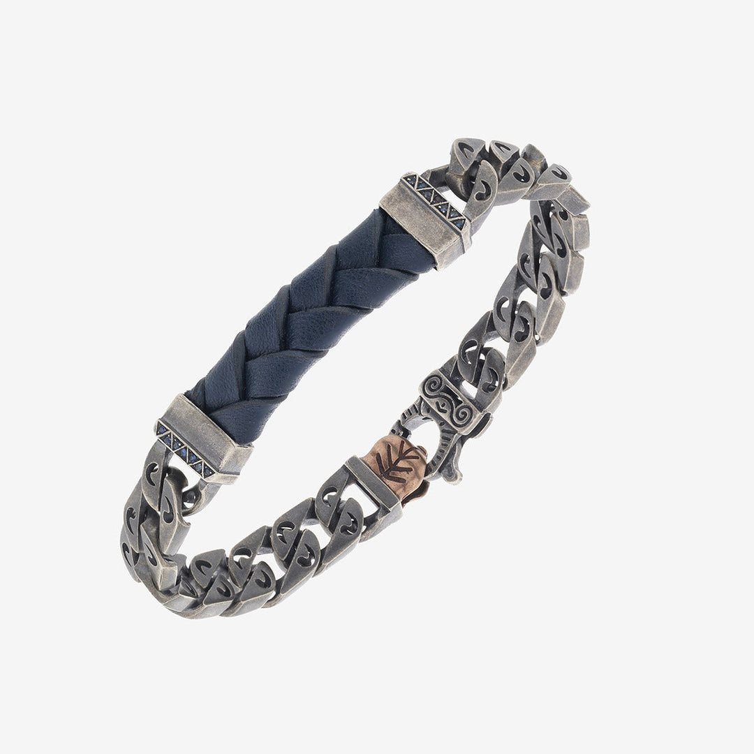 FLAMING TONGUE ID Bracelet, Blue Sapphires, Blue Leather