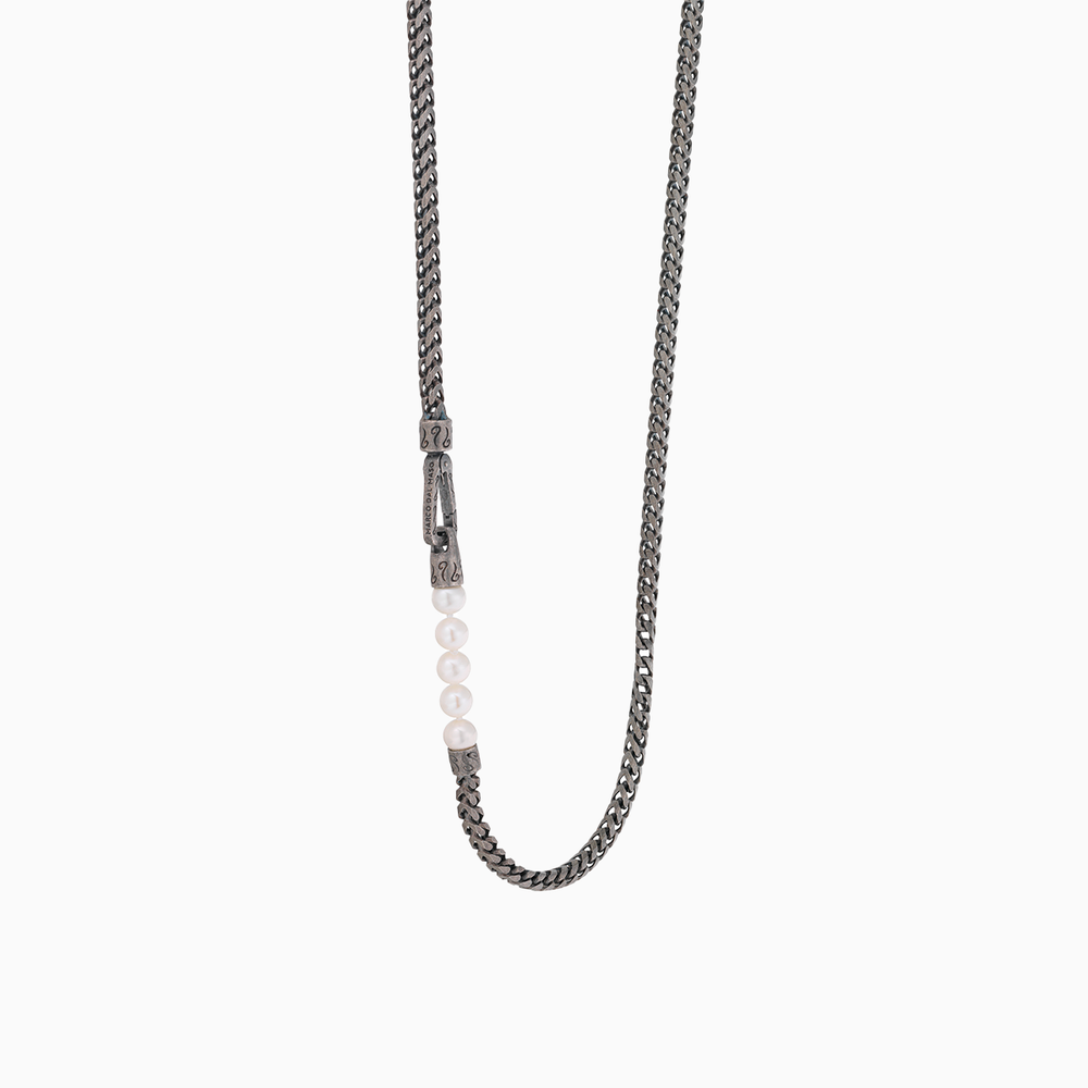 Ulysses Bead Chain Necklace, Oxidized Silver, Pearl-Straight View