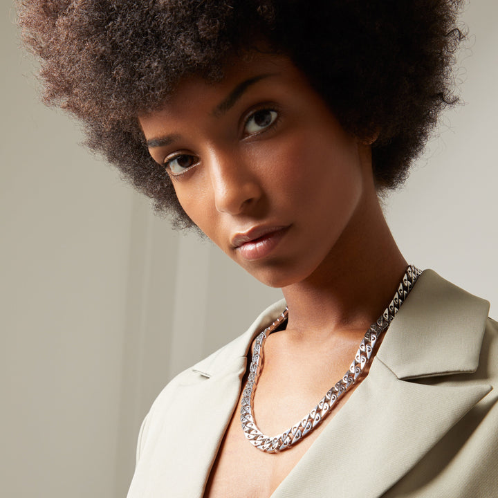 FLAMING TONGUE 9MM Necklace with Black Diamonds, Polished Silver, Black Diamonds - Female Worn View