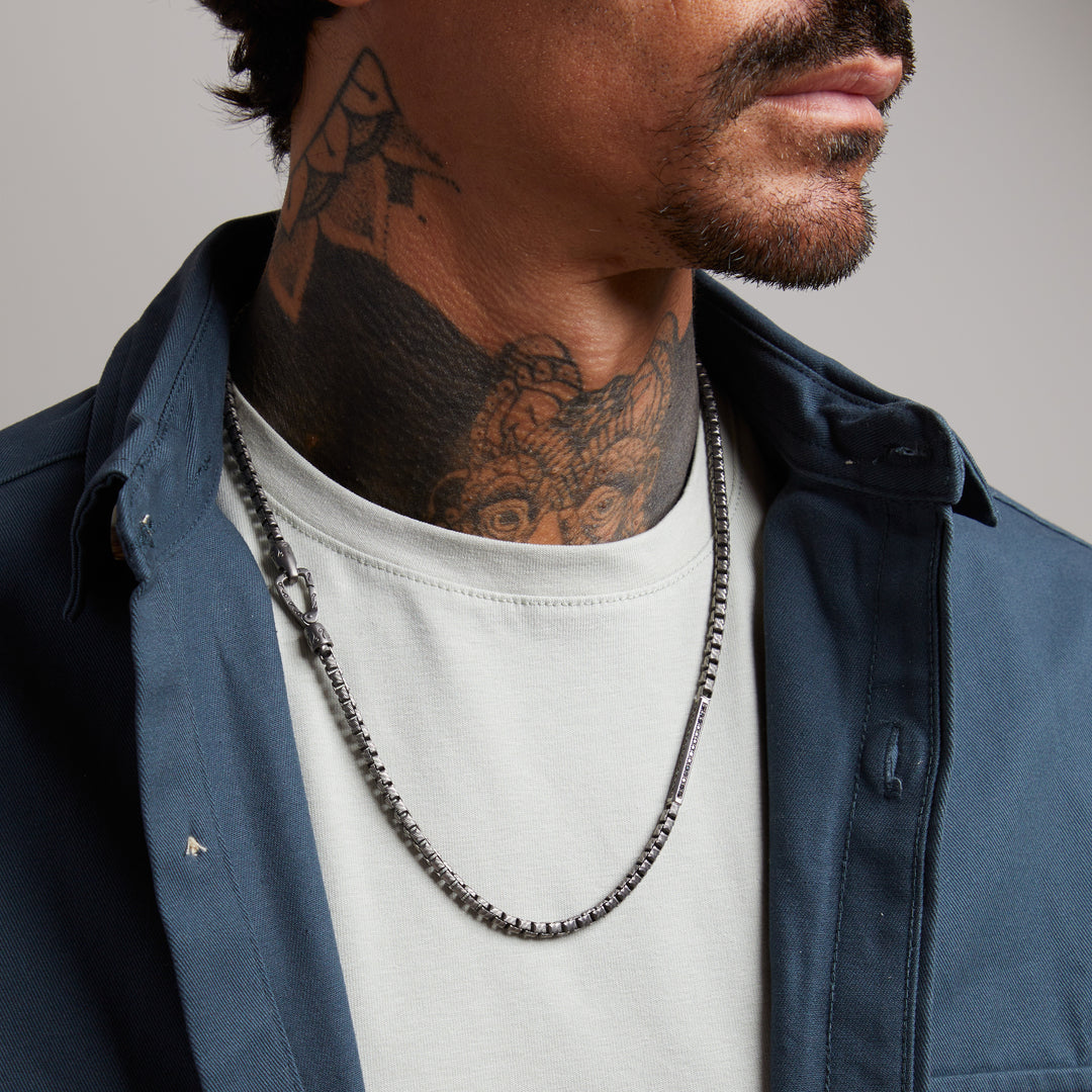 ULYSSES Thick ID Necklace with Black Diamonds in Oxidized Silver-Lifestyle Image