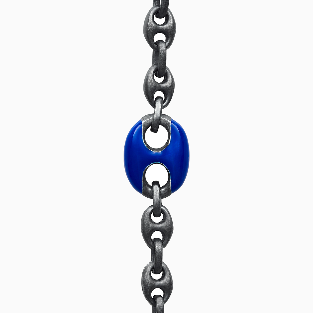 ULYSSES Enamel Marine Chain with Blue Enamel in Oxidized Silver-Straight View