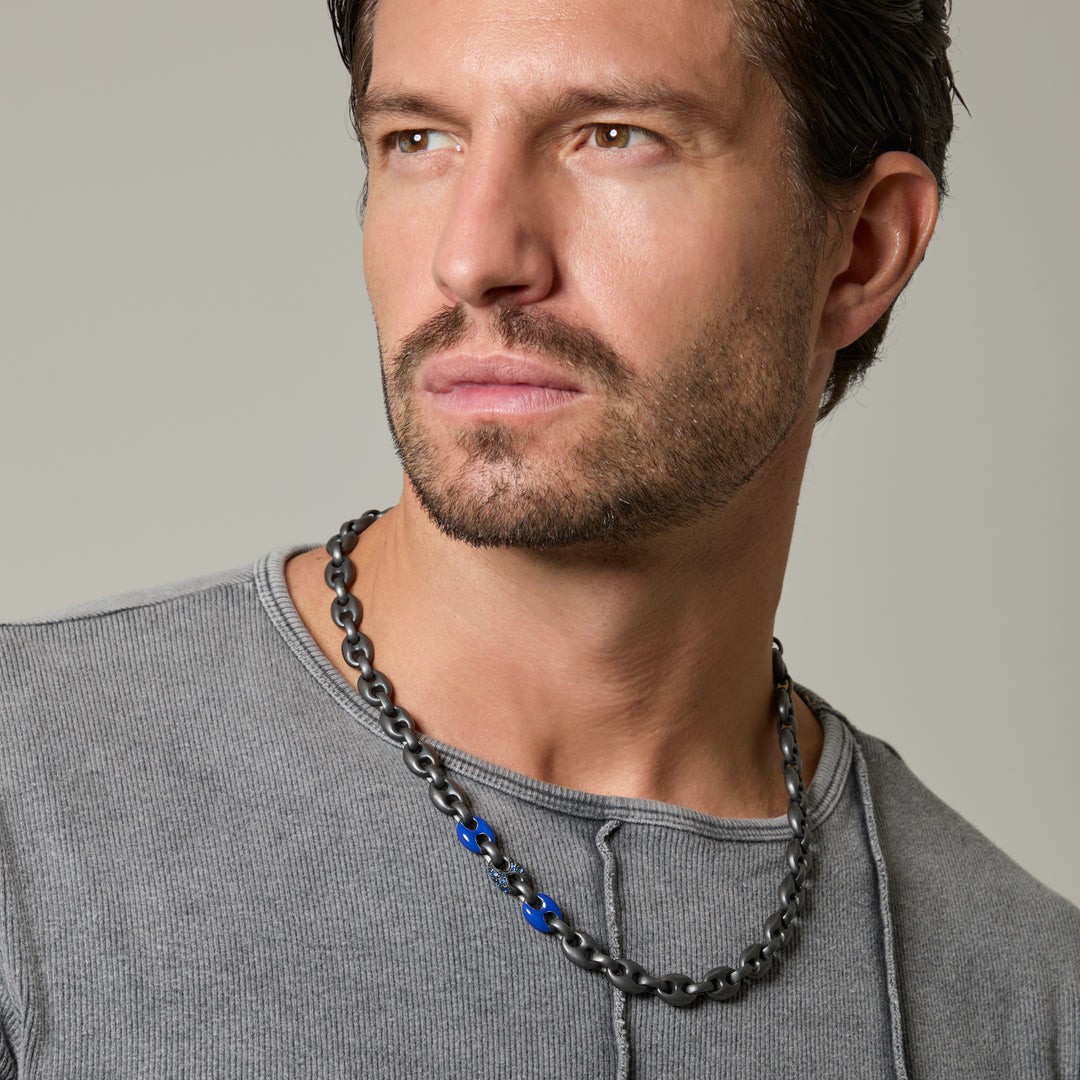 Ulysses Marine Chain with Gemstones, Oxidized Silver, Blue Sapphire, Blue Enamel-Lifestyle View