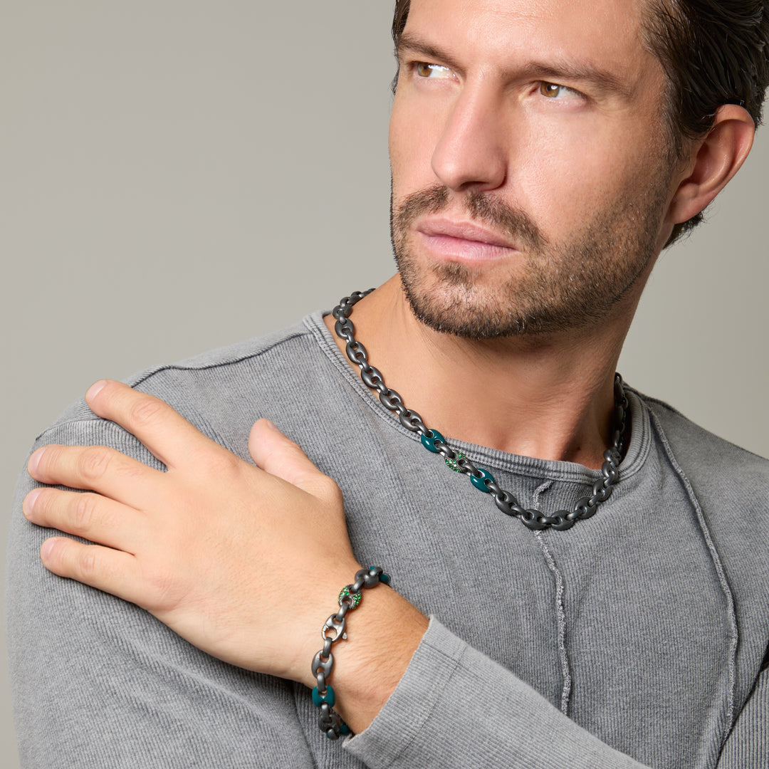 Ulysses Marine Chain with Gemstones, Oxidized Silver, Tsavorite, Green Enamel-Lifestyle View1