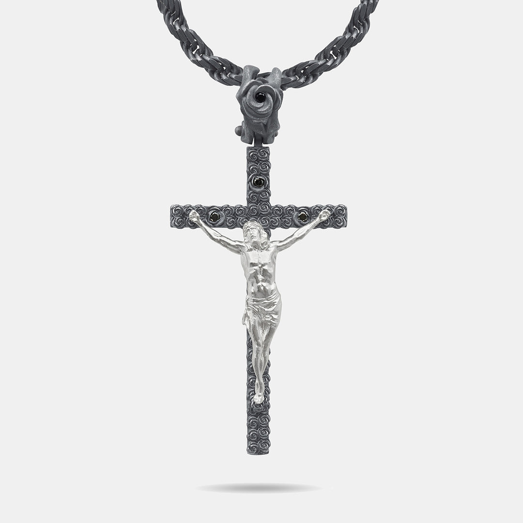 Diamonds N Roses Silver Crucifix Pendant Black Diamonds-Standard View