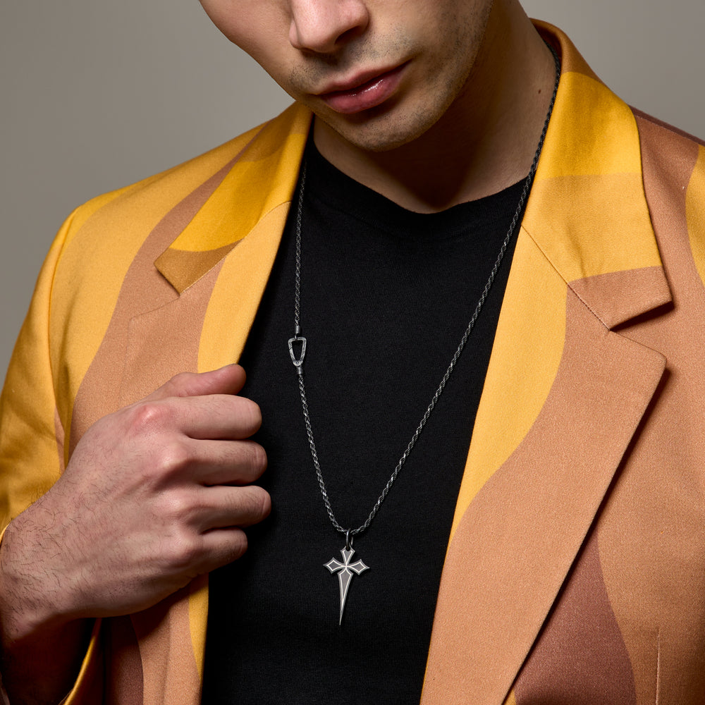 THE CROSS Oxidized Gothic Pendant, Oxidized Silver, Ivory Enamel-Model View