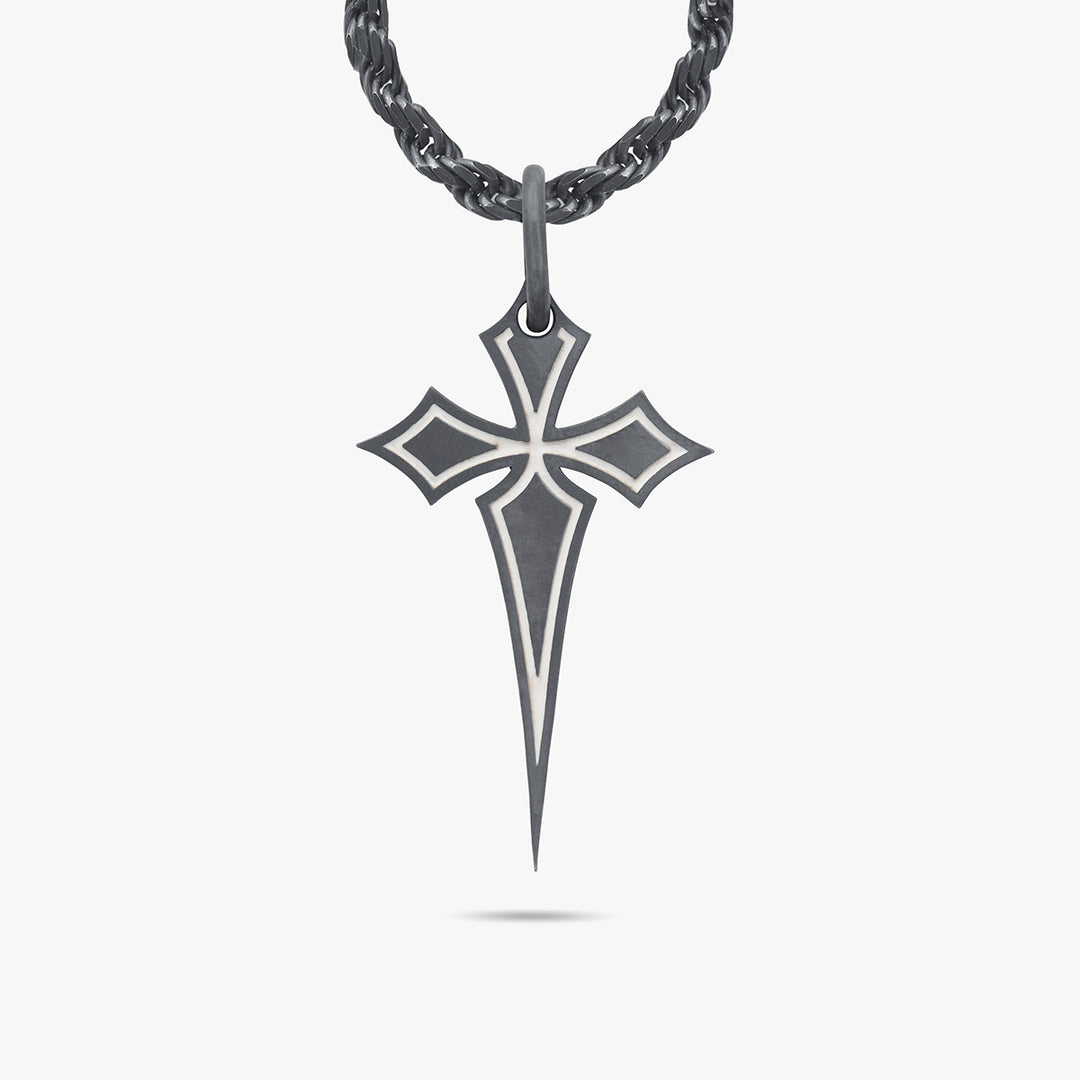 THE CROSS Oxidized Gothic Pendant, Oxidized Silver, Ivory Enamel-Standard View