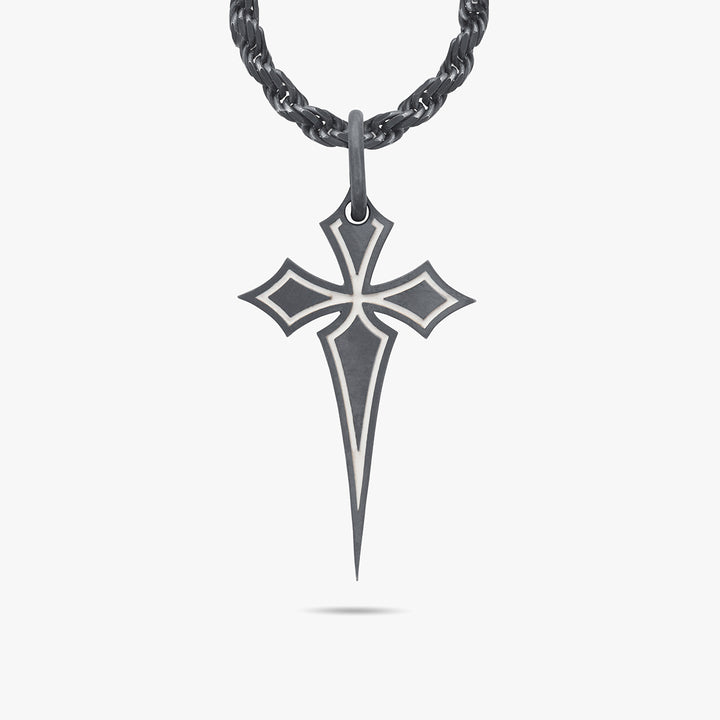THE CROSS Oxidized Gothic Pendant, Oxidized Silver, Ivory Enamel-Standard View