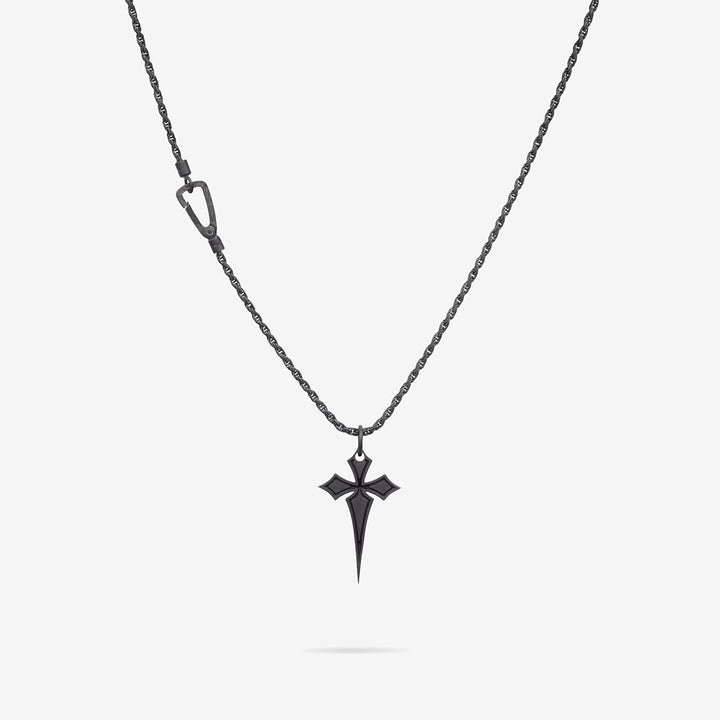 The Cross Oxidized Gothic Pendant, Oxidized Silver, Black Enamel-Straight View