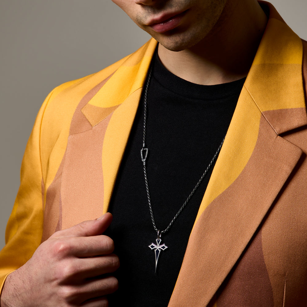 THE CROSS Polished Gothic Pendant, Polished Silver, Ivory Enamel-Model View