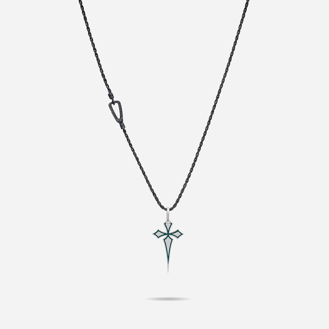 The Cross Oxidized Gothic Pendant, Oxidized Silver, Green Enamel-Straight View