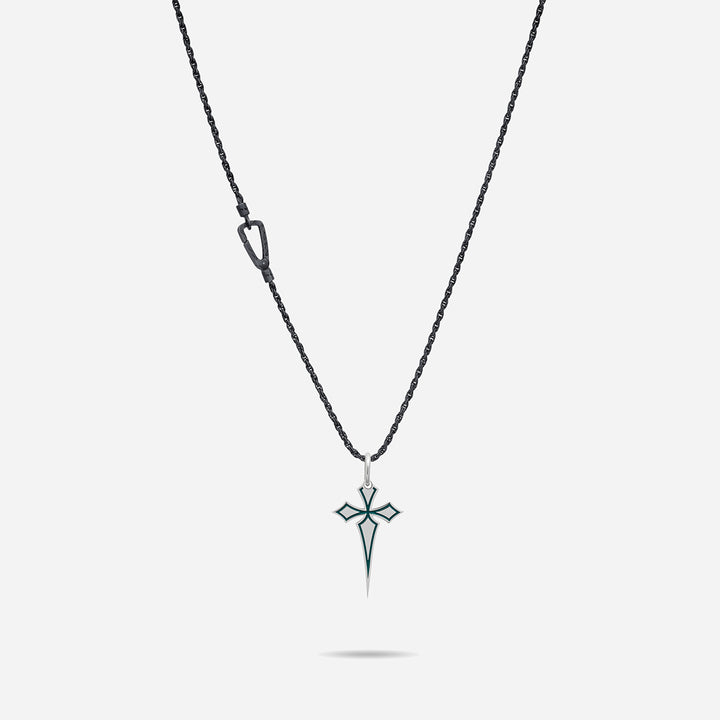 The Cross Oxidized Gothic Pendant, Oxidized Silver, Green Enamel-Straight View