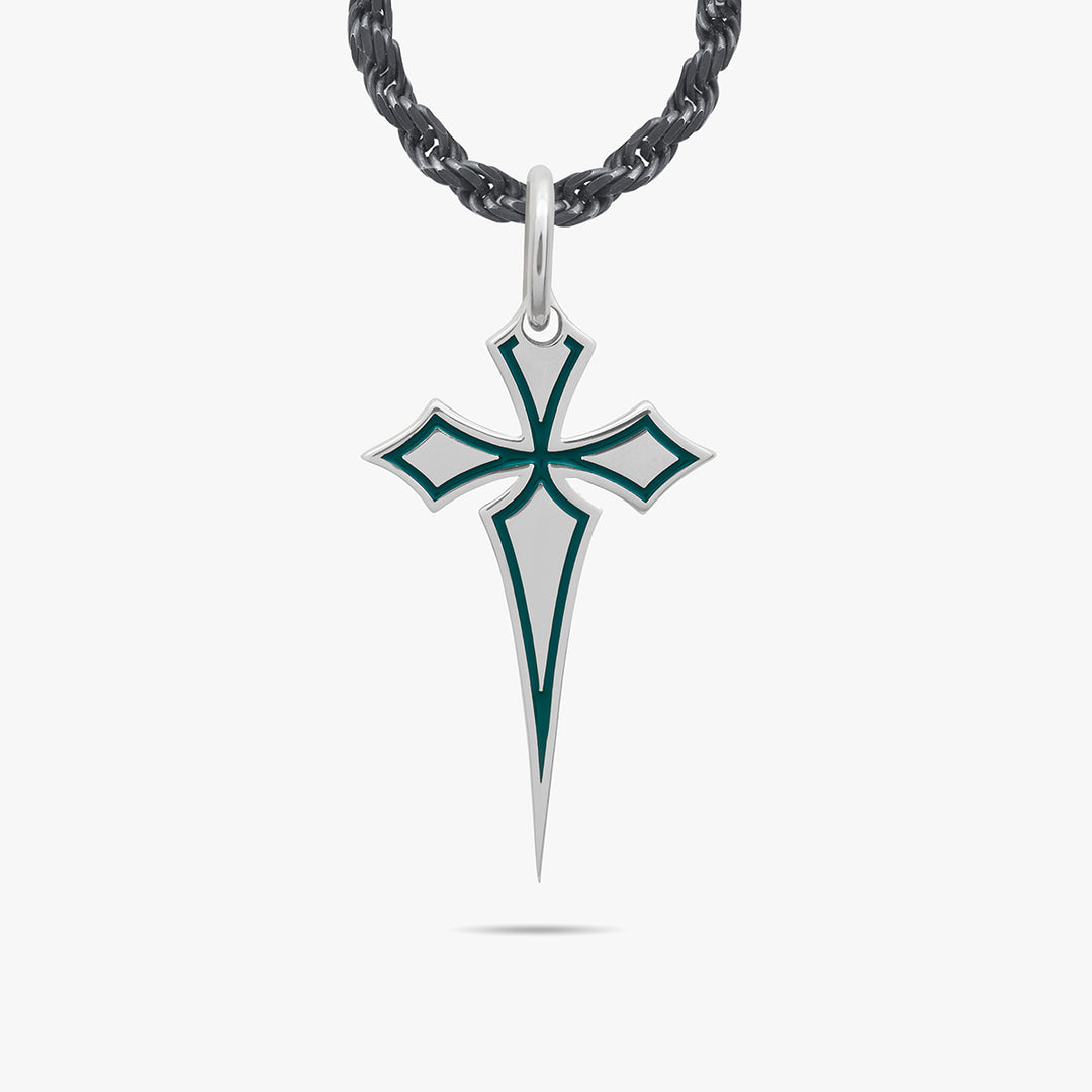 The Cross Oxidized Gothic Pendant, Oxidized Silver, Green Enamel-Standard View
