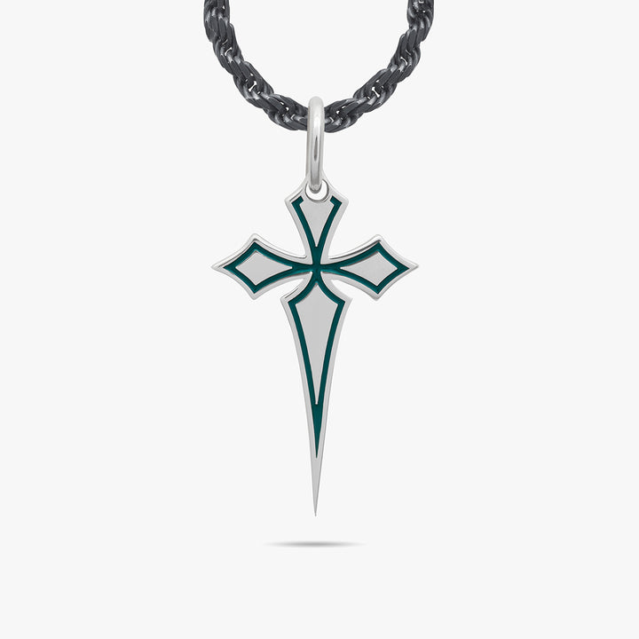 The Cross Oxidized Gothic Pendant, Oxidized Silver, Green Enamel-Standard View