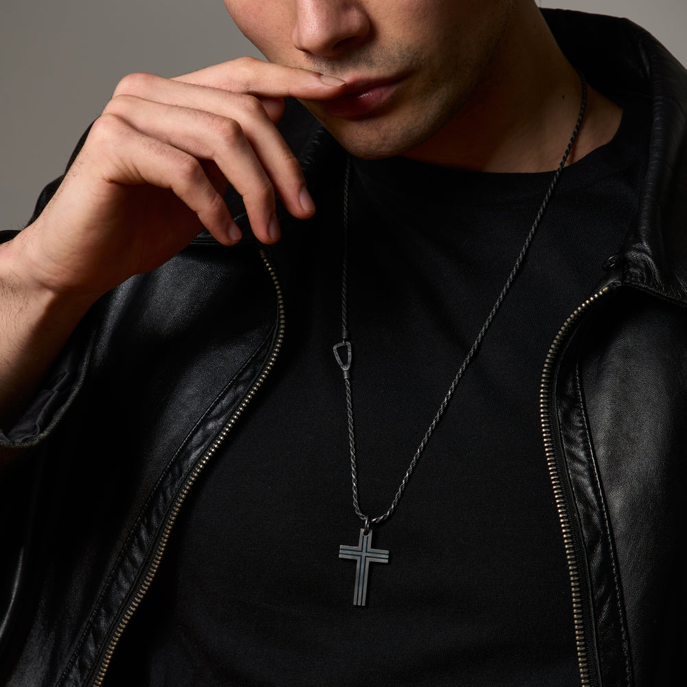 The Cross Double Enamel Pendant, Oxidized Silver, Green Enamel-Model View