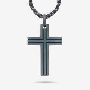 The Cross Double Enamel Pendant, Oxidized Silver, Green Enamel-Standard View