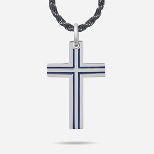 The Cross Double Enamel Pendant, Polished Silver, Blue Enamel-Standard View