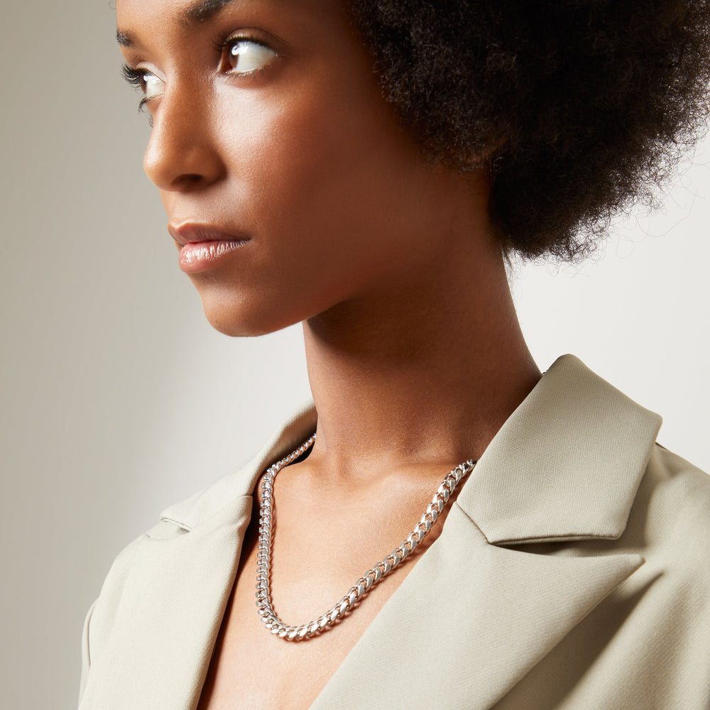 FLAMING TONGUE Cuban Link Necklace, Polished Silver - Female Worn View