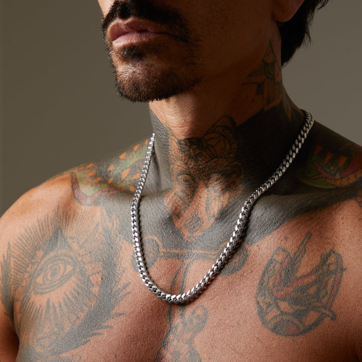 FLAMING TONGUE Cuban Link Necklace, Polished Silver - Male Worn View