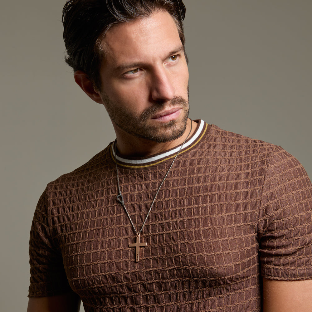 THE CROSS Latin Pendant, Rose Gold Vermeil, Brown Enamel-Model View
