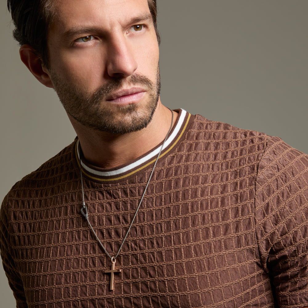 THE CROSS Minimal Latin Pendant with Enamel, Rose Gold Vermeil, Brown Enamel-Model View