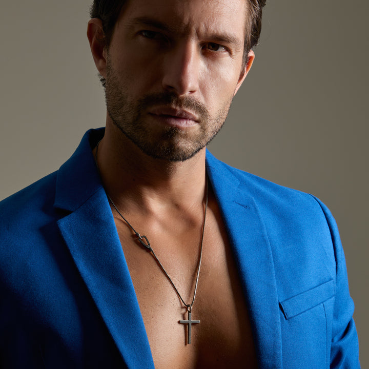 THE CROSS Minimal Latin Pendant, Oxidized Silver-Model View