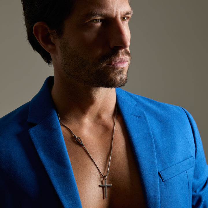 THE CROSS Minimal Latin Pendant, Oxidized Silver-Model View 1