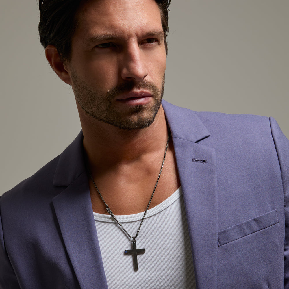 THE CROSS Latin Pendant with Stone, Oxidized Silver, Blue Sapphire-Model View