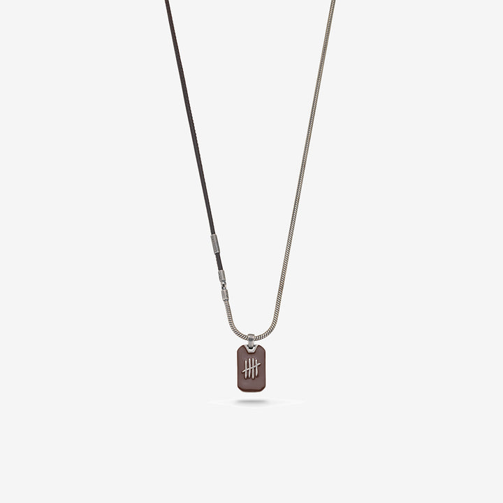 Necklace with a dog tag pendant on a light gray background