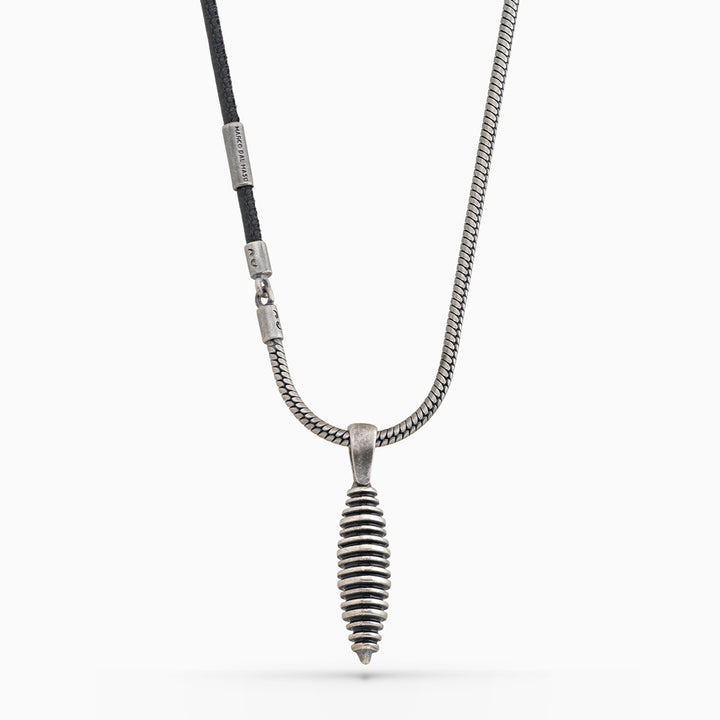 ACIES Cocoon Oxidized Silver and Black Leather Pendant with Black Enamel