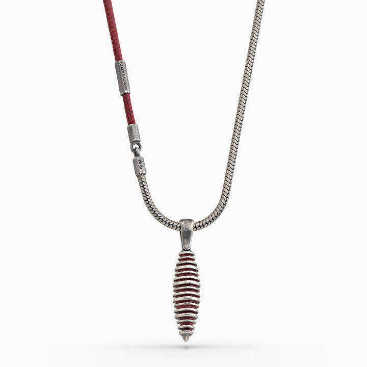 ACIES Cocoon Oxidized Silver and Red Leather Pendant with Red Enamel