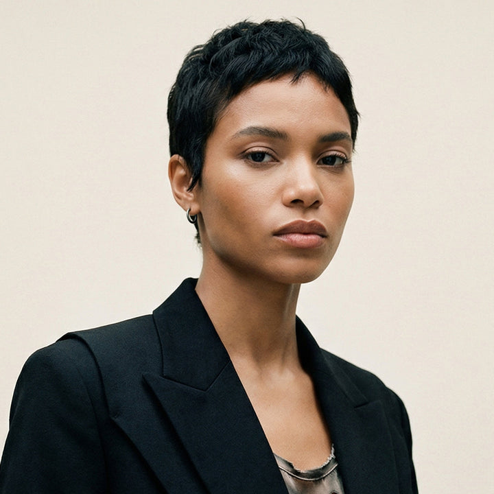 Female model wearing The Ulysses Slick Oxidized Hoop Earring - AGOR0014-01BV-1