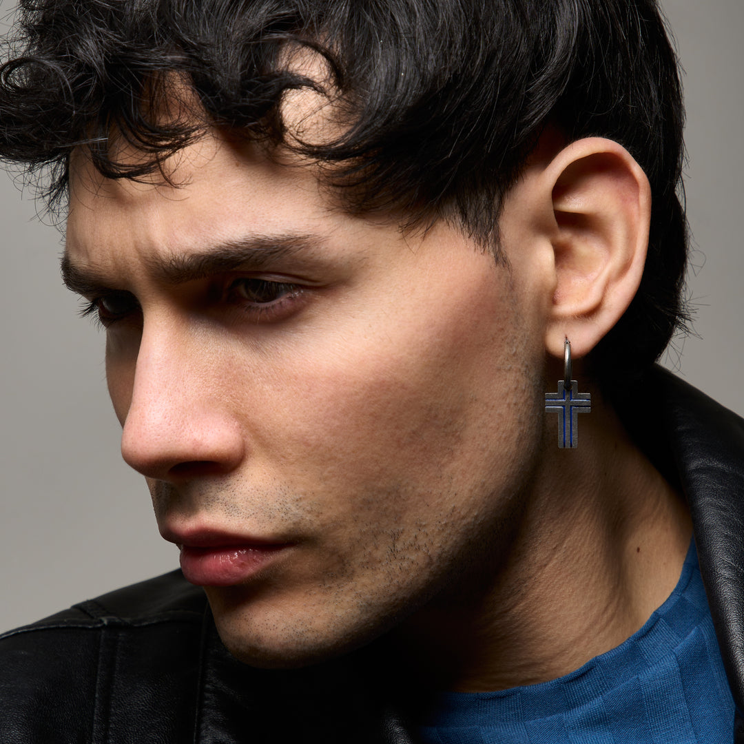 THE CROSS Oxidized Enamel Earring, Oxidized Silver, Blue Enamel-Model View