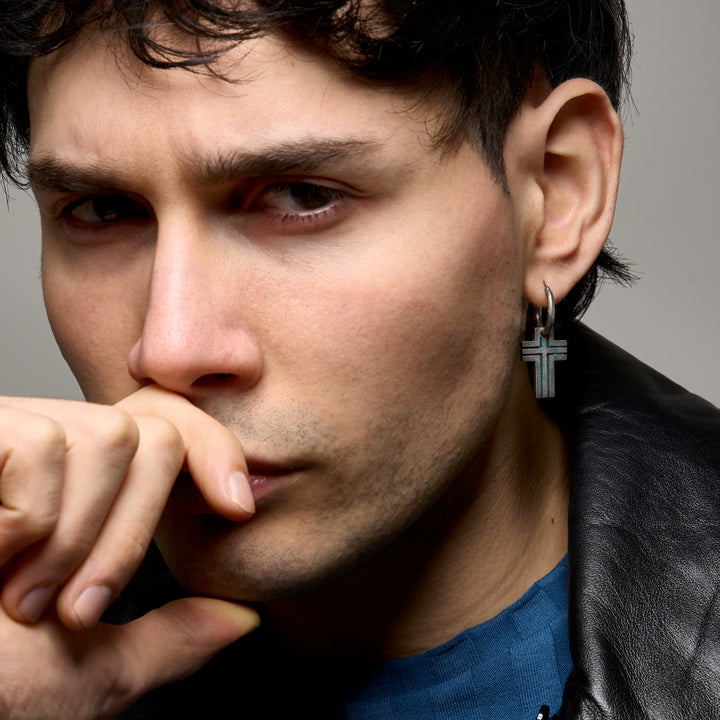 The Cross Double Enamel Earring, Oxidized Silver, Green Enamel-Standard View-Model View