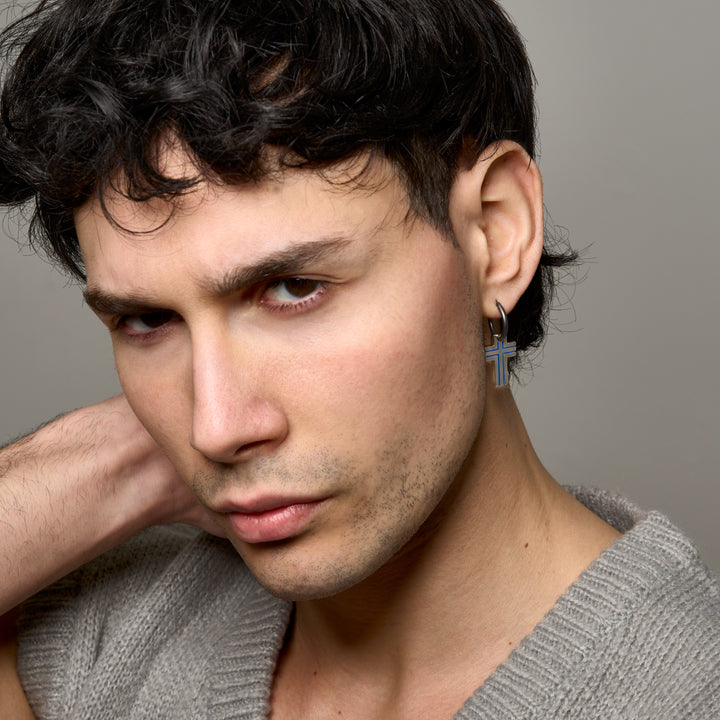 The Cross Double Enamel Earring, Polished Silver, Oxidized Silver, Blue Enamel-Model View