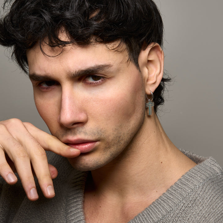 The Cross Double Enamel Earring, Polished Silver, Green Enamel-Model View