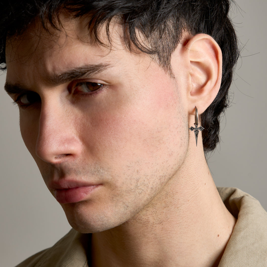 The Cross Gothic Earring, Oxidized Silver, Black Enamel-Model View