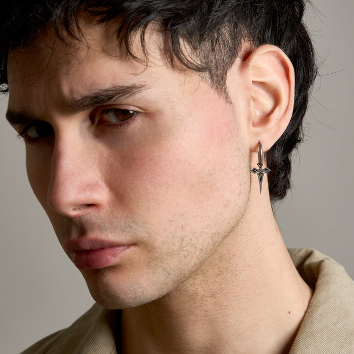 The Cross Gothic Earring, Oxidized Silver, Black Enamel-Model View