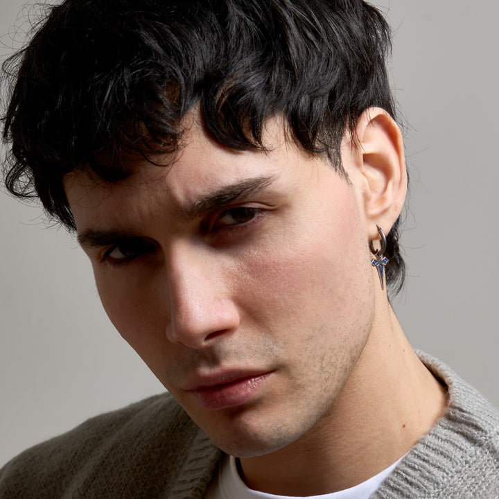 The Cross Gothic Earring, Polished, Oxidized Silver, Blue Enamel-Model View