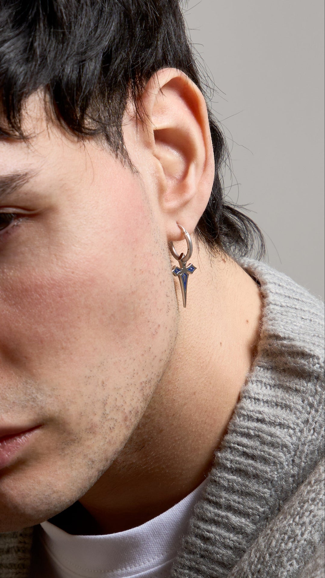 The Cross Gothic Earring, Polished Silver, Blue Enamel-Model View