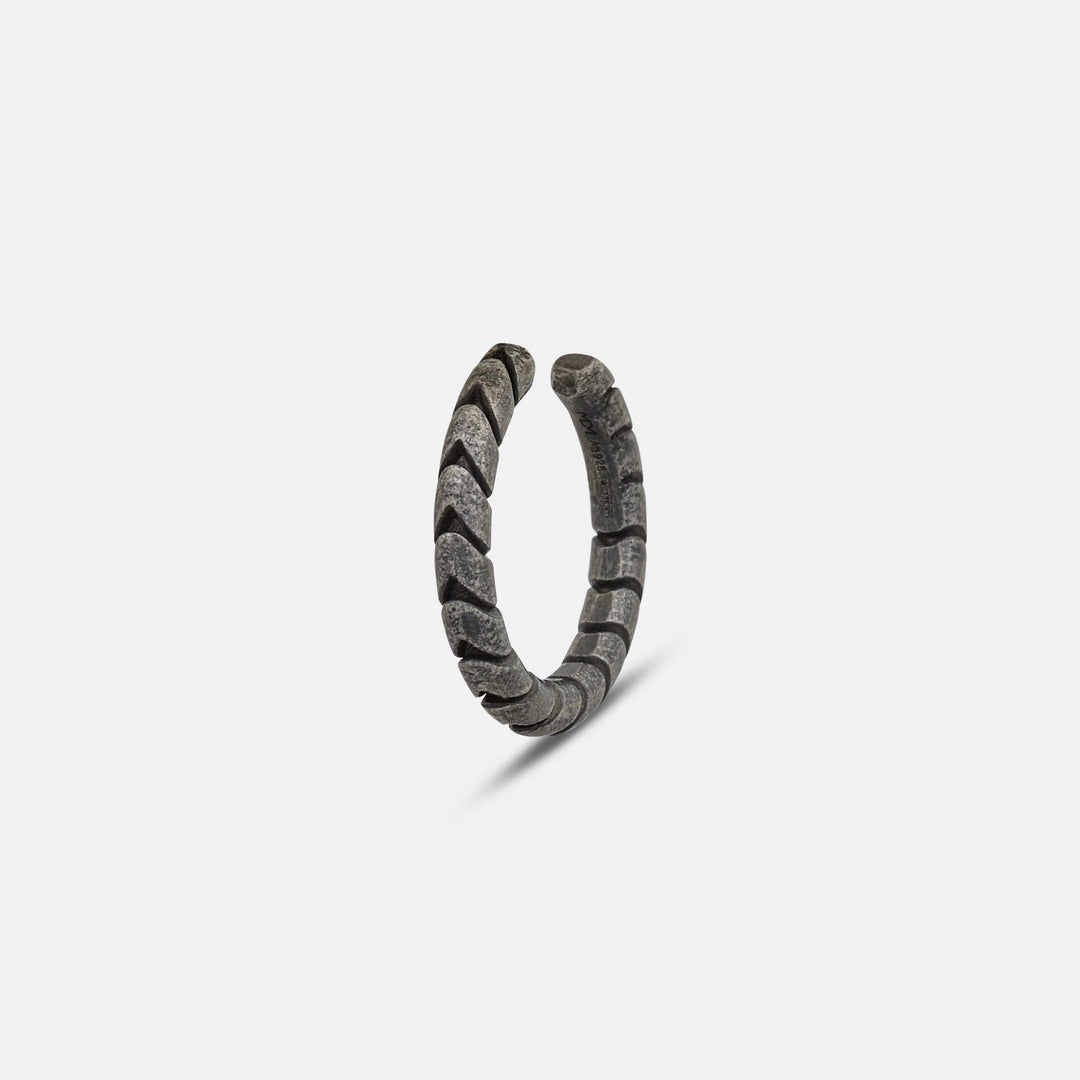 Side view of oxidized silver Iron Snake Slender Ear Cuff showing slim profile.