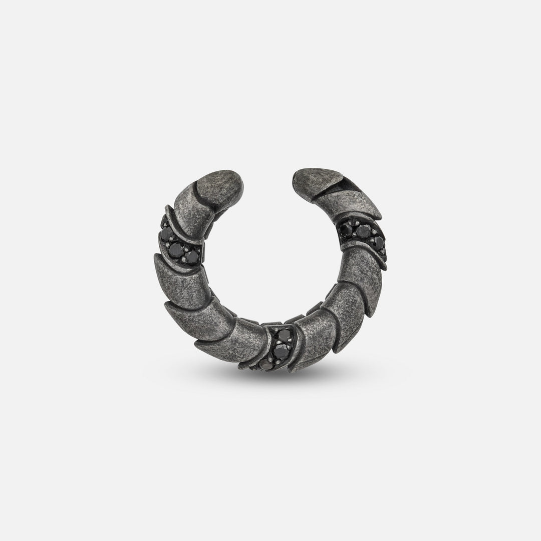 Side view of oxidized silver Iron Snake ear cuff showing Pave diamond detailing
