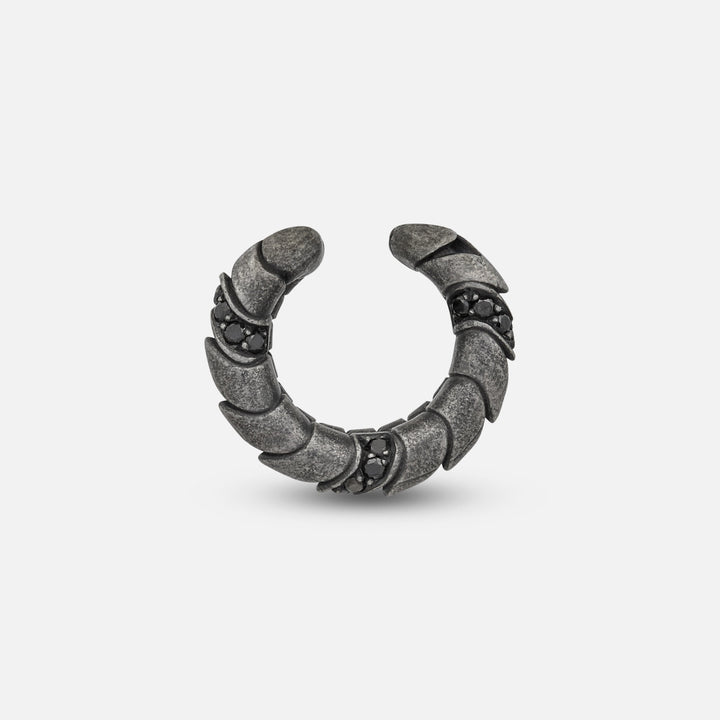 Side view of oxidized silver Iron Snake ear cuff showing Pave diamond detailing