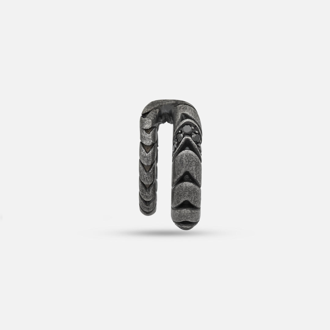 Front view of oxidized silver Iron Snake ear cuff showing Pave diamond detailing